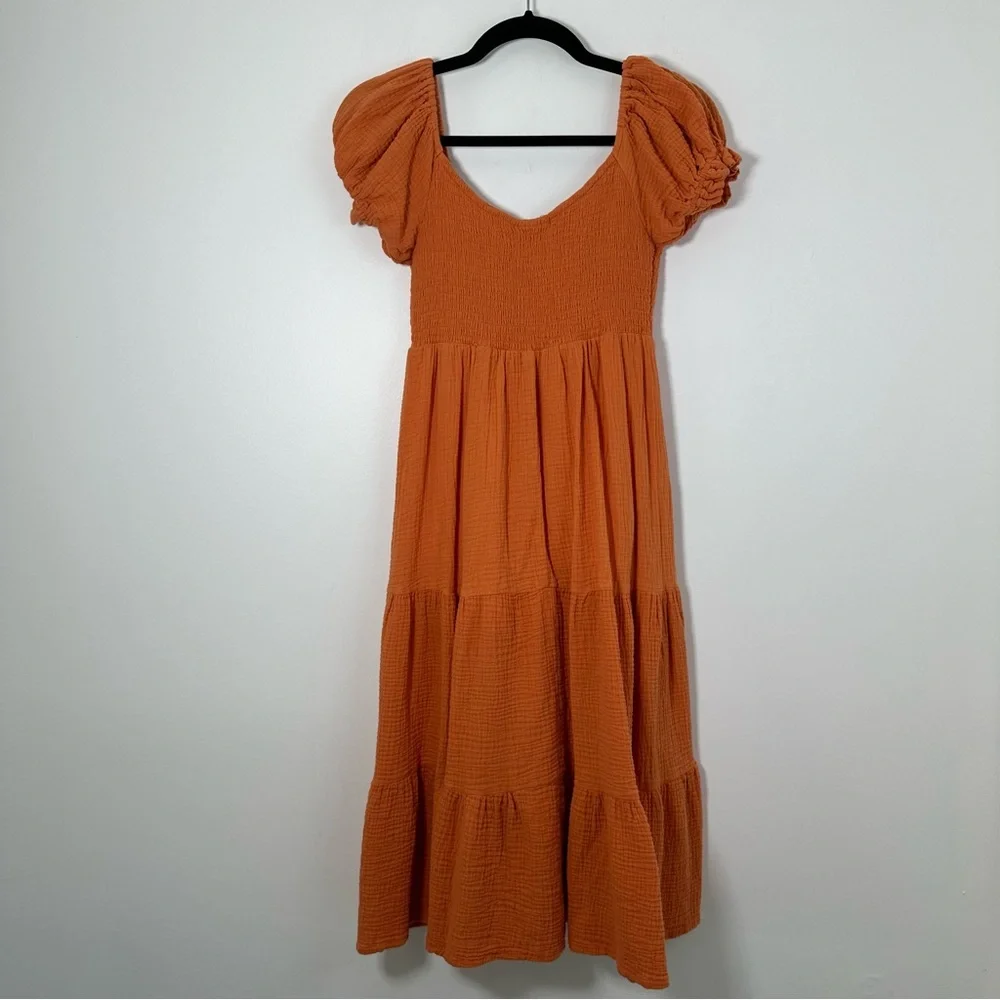 O.P.T. Women’s Orange Gauze 100% Cotton Tiered Midi Dress Cottage Boho XS - Picture 2 of 6